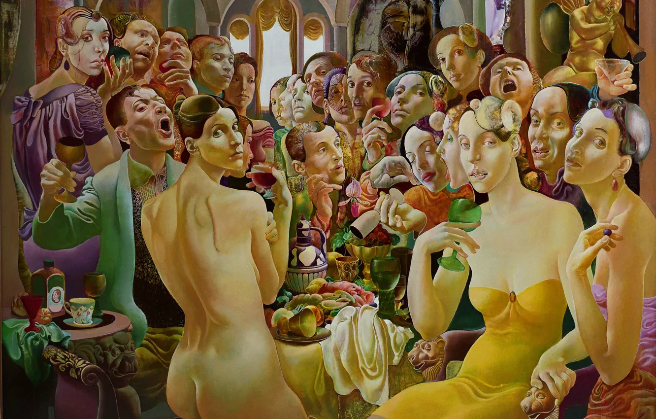 Фото обои люди, пир, 1994, Фигуративная живопись, Normunds Braslins, Общество II, золотой ангел