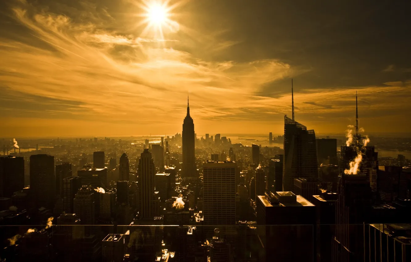 Фото обои солнце, Нью-Йорк, небоскребы, сепия