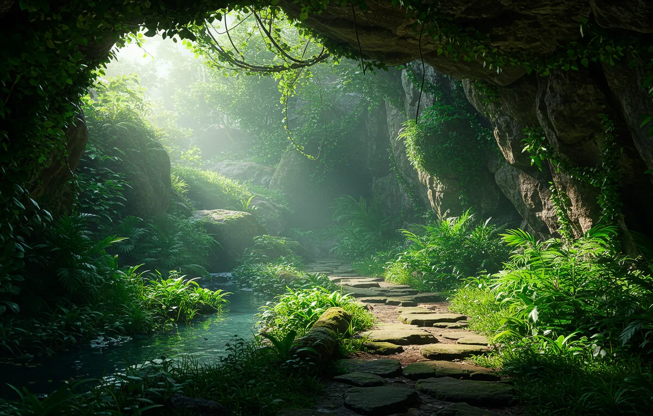 Фото обои солнце, обои, растительность, арт, дымка, wallpaper, пещера, art