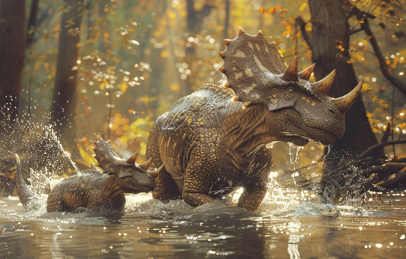 Фото обои Вода, Деревья, Детеныш, Двое, Рога, Животные, Triceratops, Цифровое искусство