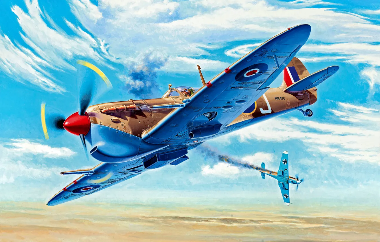 Фото обои Вторая Мировая война, Северная Африка, с тропическим, Spitfire Mk.Vc/trop, Bf.109F, универсальное крыло типа ''C'', Desert …