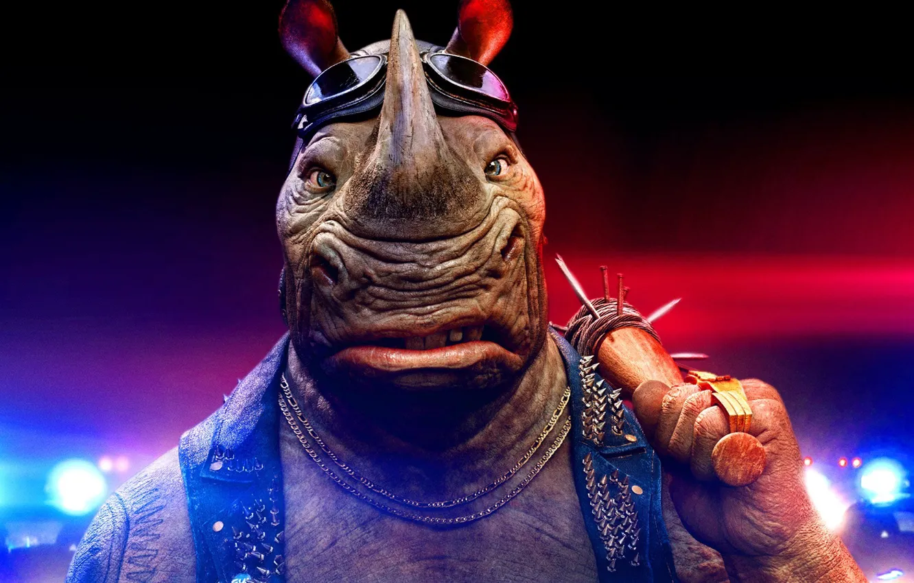 Фото обои city, cinema, cars, rhino, movie, Teenage Mutant Ninja Turtles, bat, Rocksteady