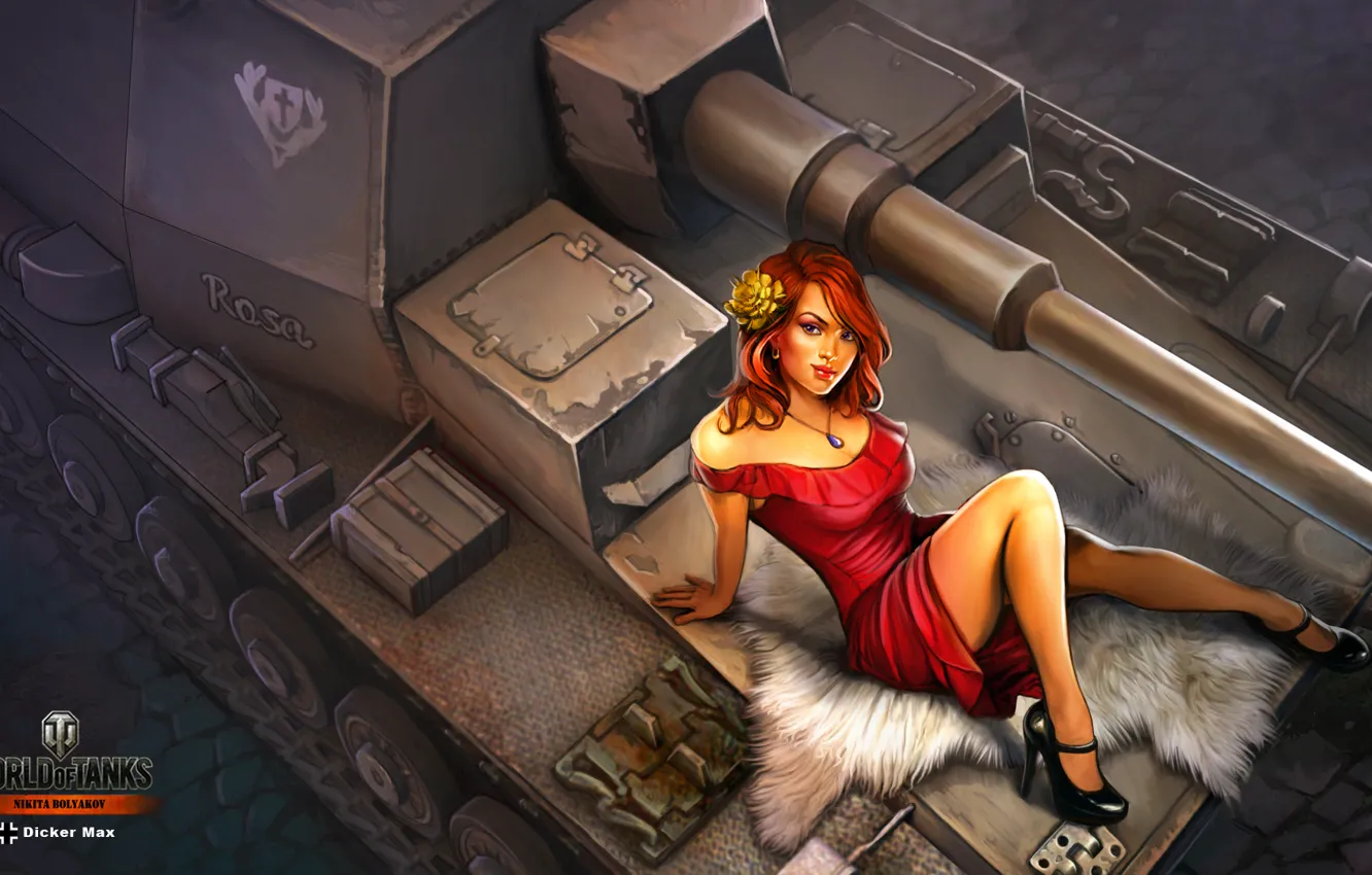 Фото обои девушка, рисунок, платье, арт, сидит, в красном, САУ, World of Tanks