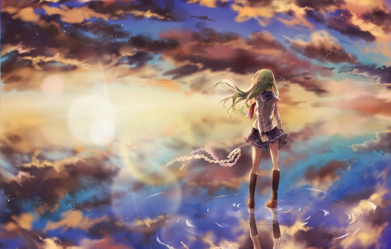 Фото обои небо, вода, девушка, облака, закат, отражение, аниме, арт