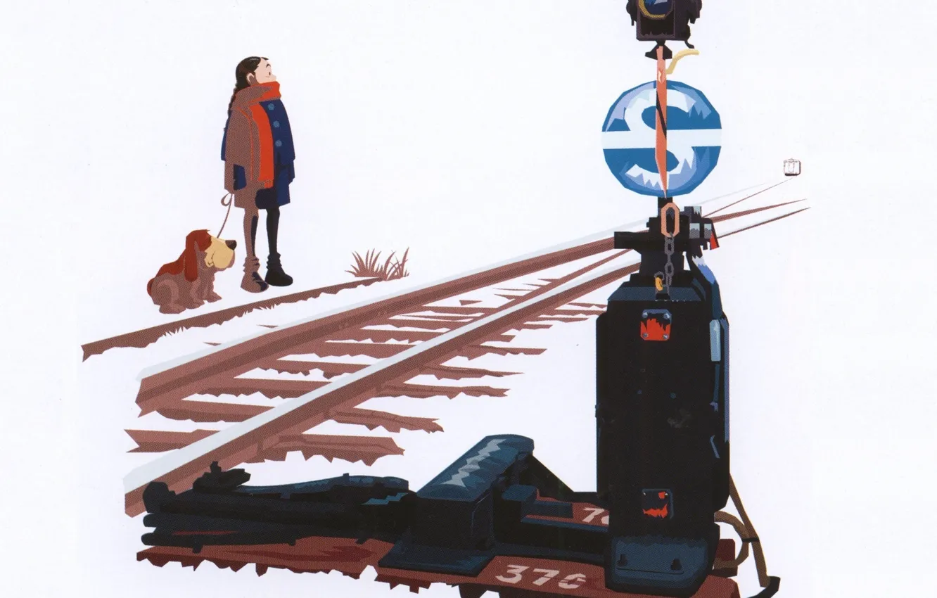 Фото обои зима, снег, рельсы, поезд, собака, стрелка, белый фон, art