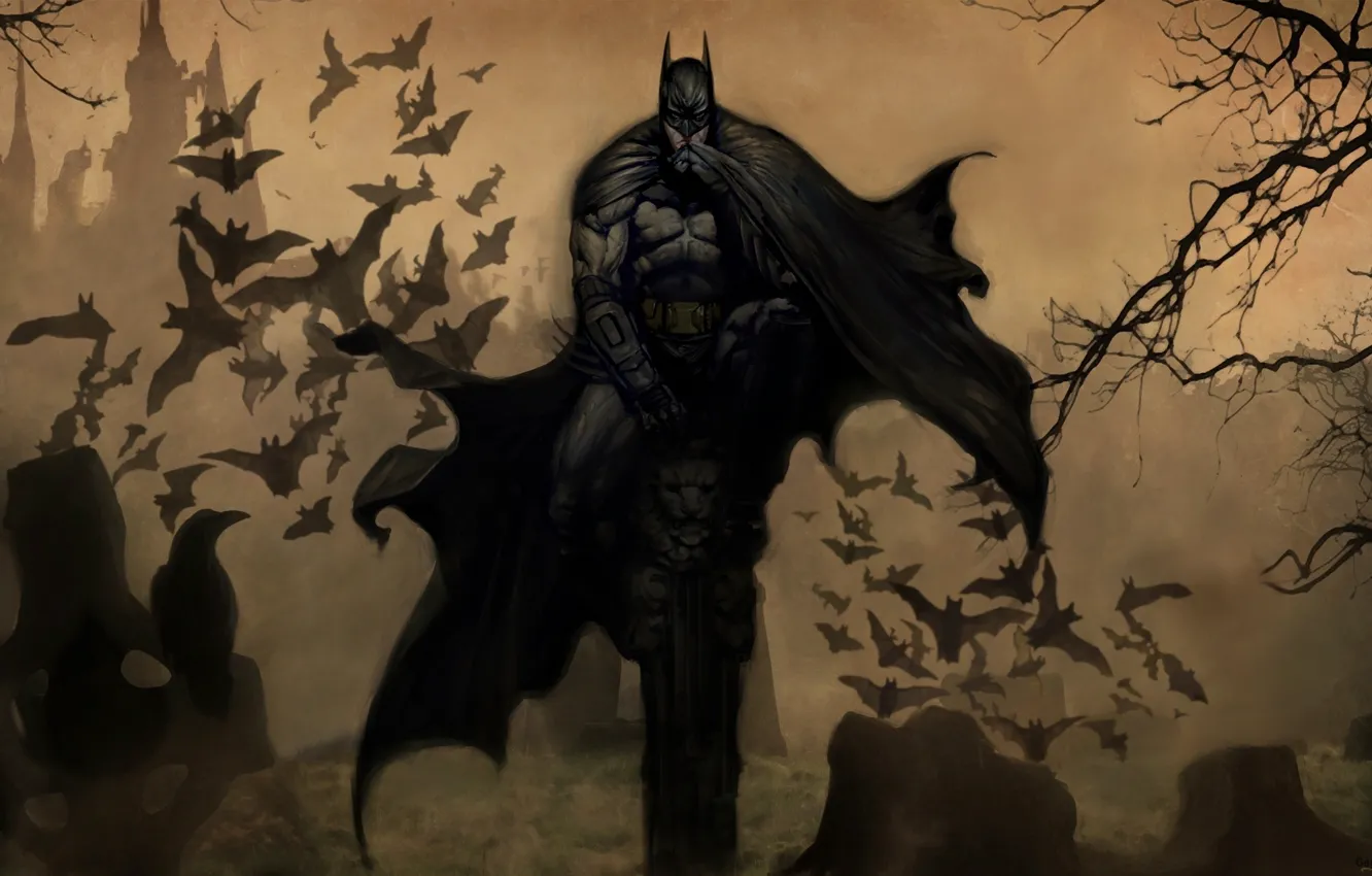 Фото обои маска, плащ, ворон, мыши, Batman, супергерой, летучие, надгробие