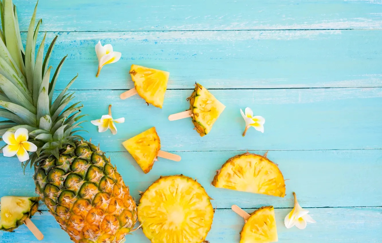 Фото обои фрукт, summer, ананас, wood, ломтики, fruit, pineapple, плюмерия