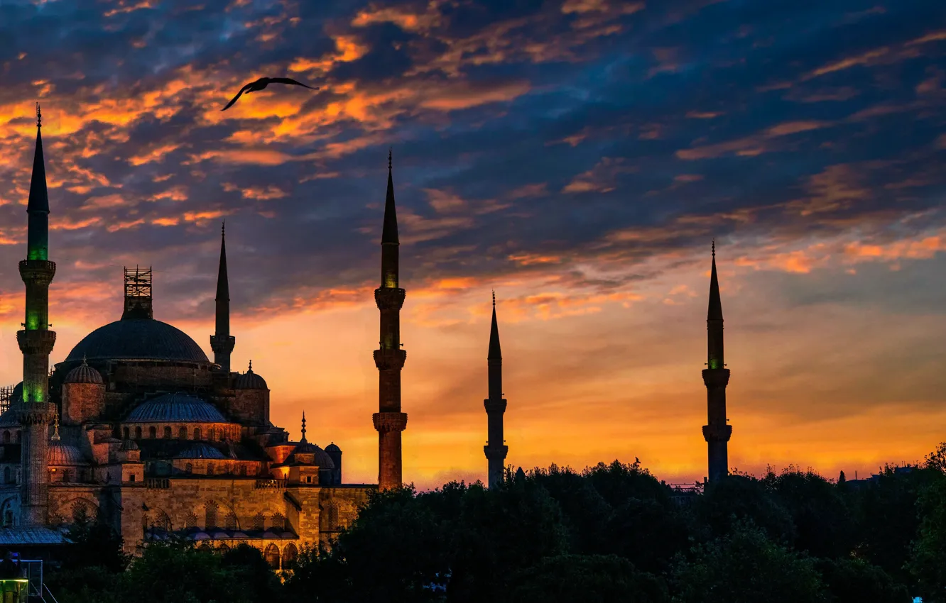 Фото обои ночь, город, башни, купол, Стамбул, Турция, Собор Святой Софии, Айя-София