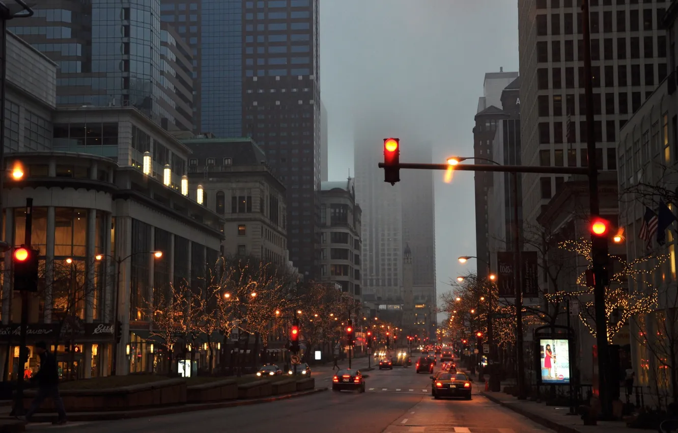 Фото обои авто, машины, город, туман, пасмурно, улица, вечер, светофор
