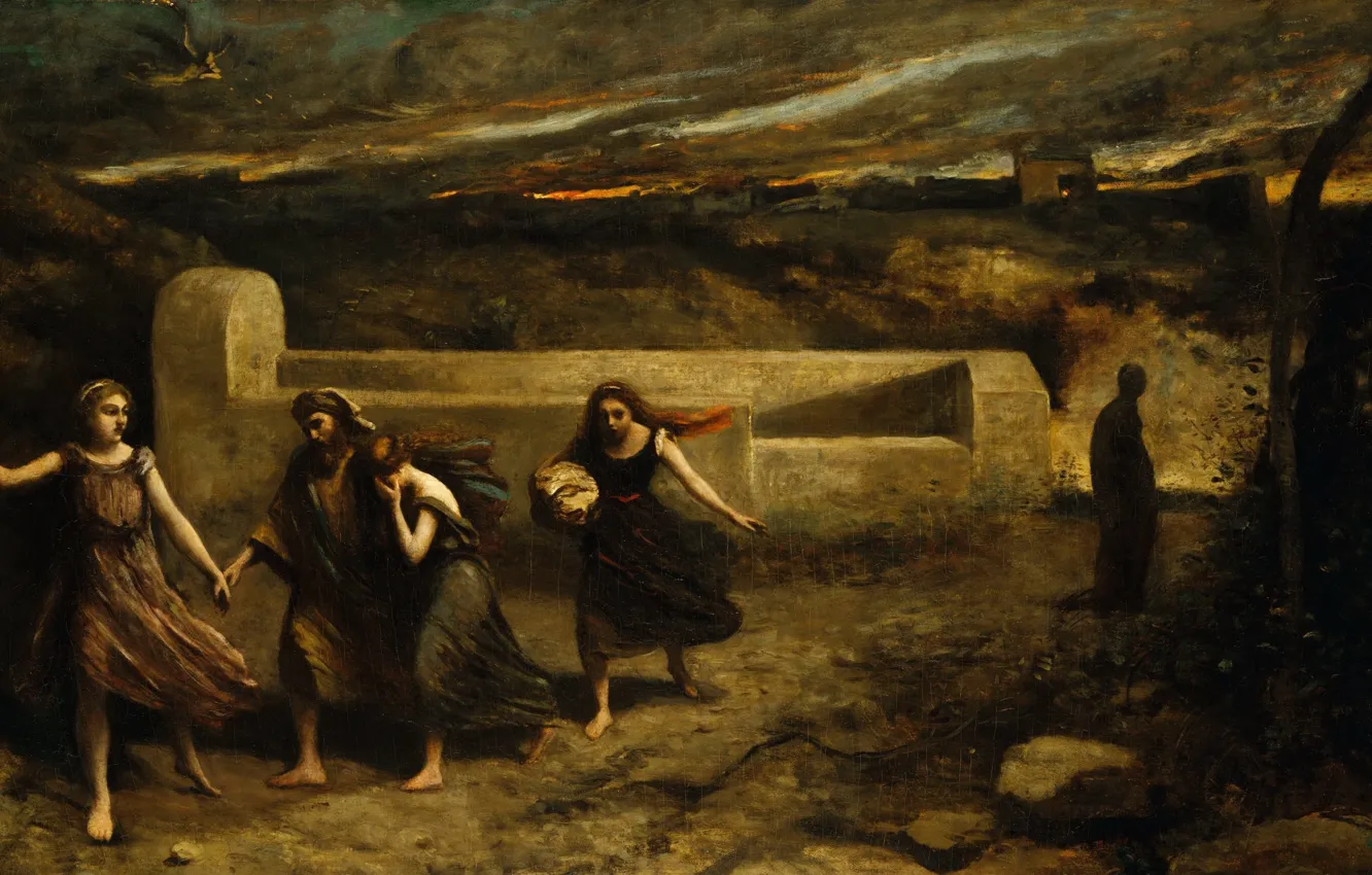 Фото обои картина, мифология, Жан Батист Камиль Коро, Сожжение Содома, Jean-Baptiste Camille Corot