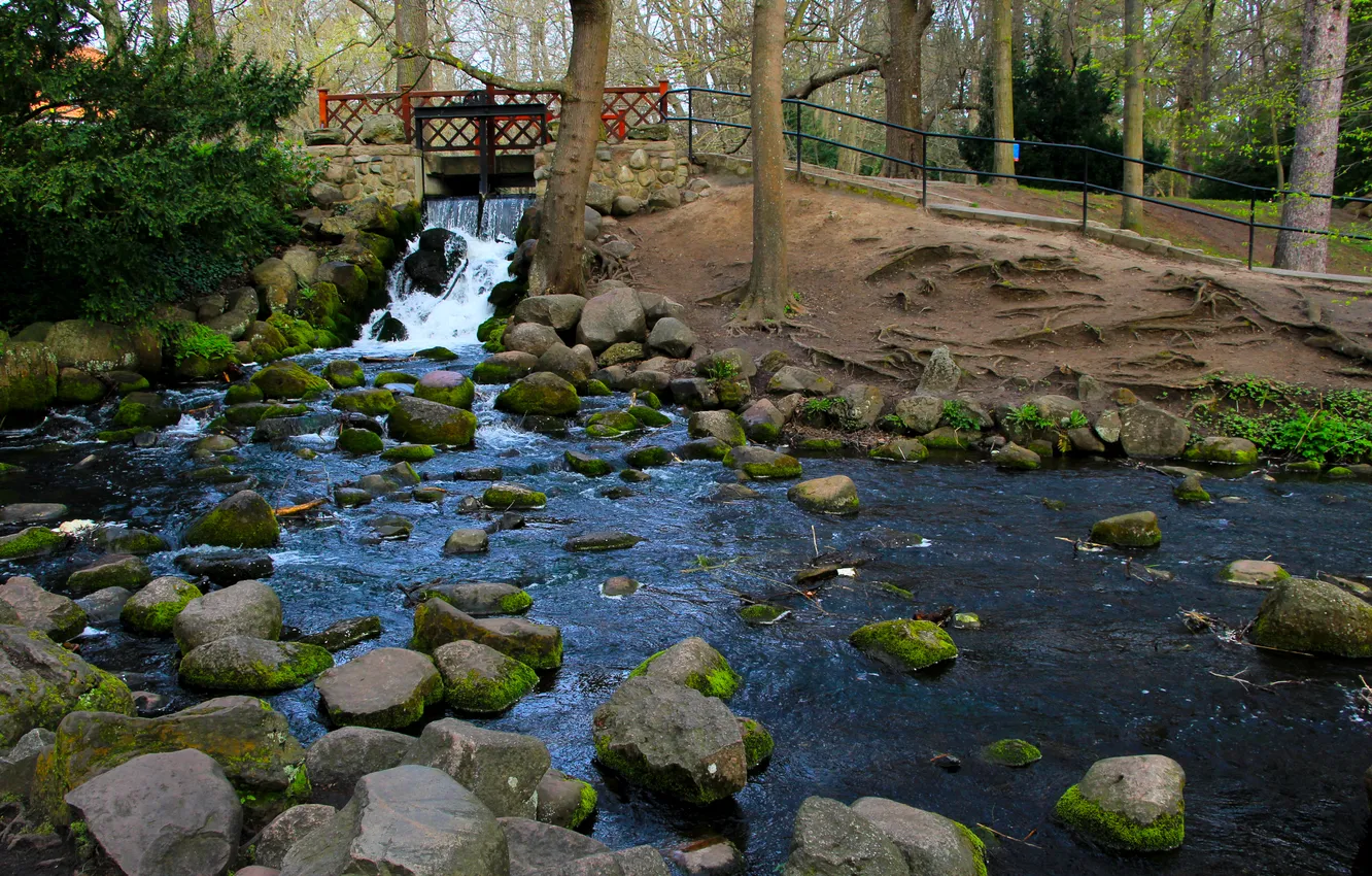 Фото обои water, park, waterfall, stones