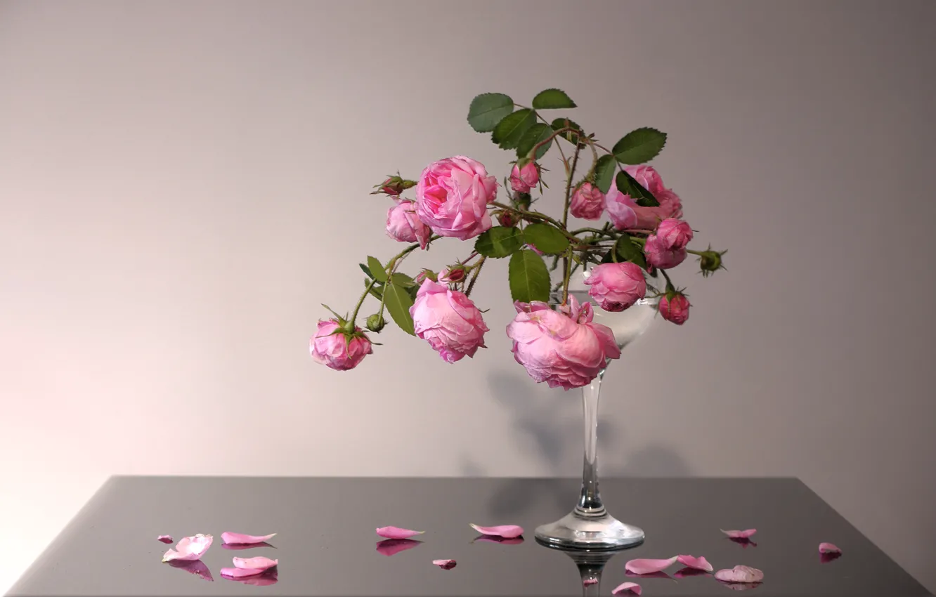 Фото обои цветы, розы, лепестки, ваза, столик