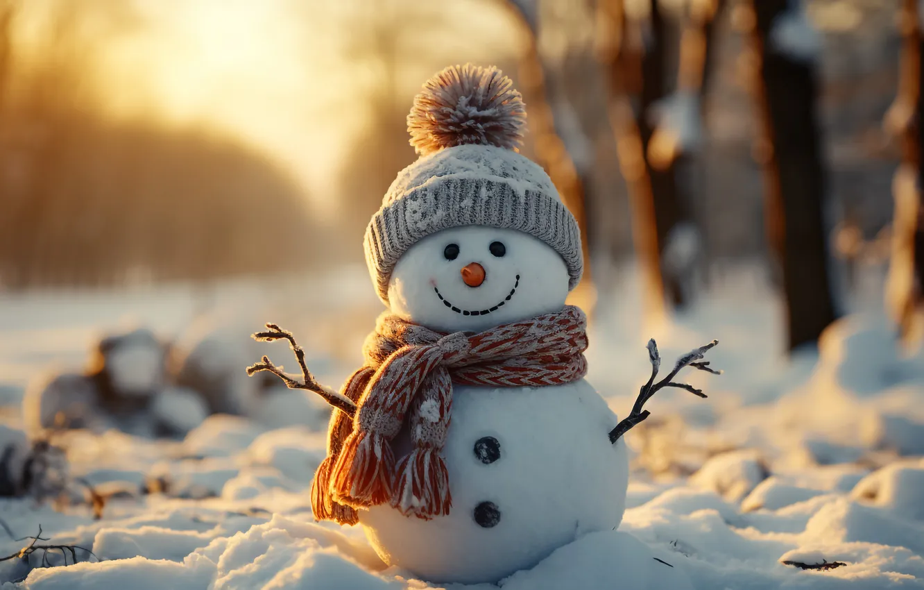 Фото обои зима, снег, Рождество, Новый год, снеговик, Christmas, winter, snow