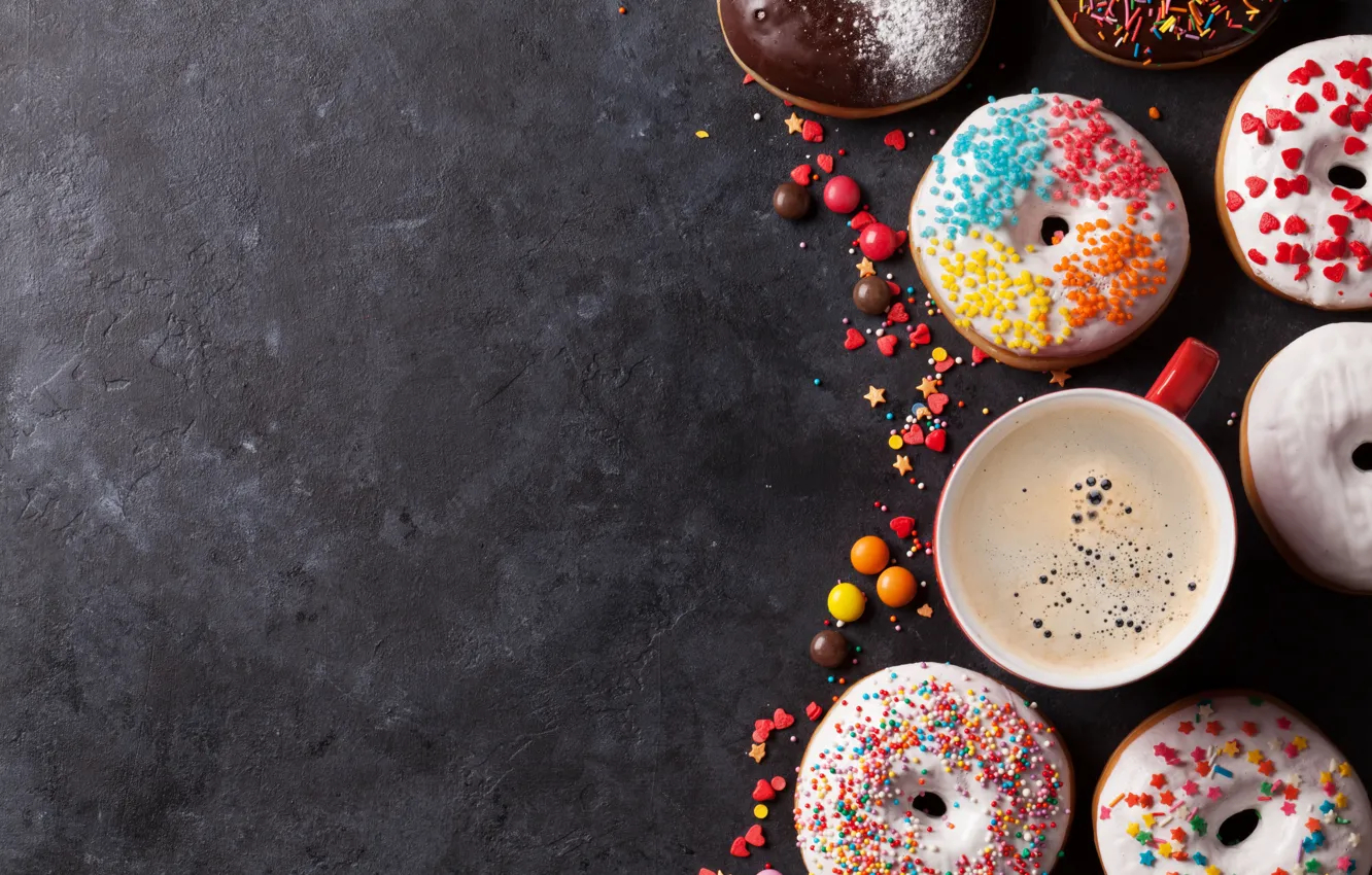 Фото обои пончики, cup, глазурь, coffee, donuts