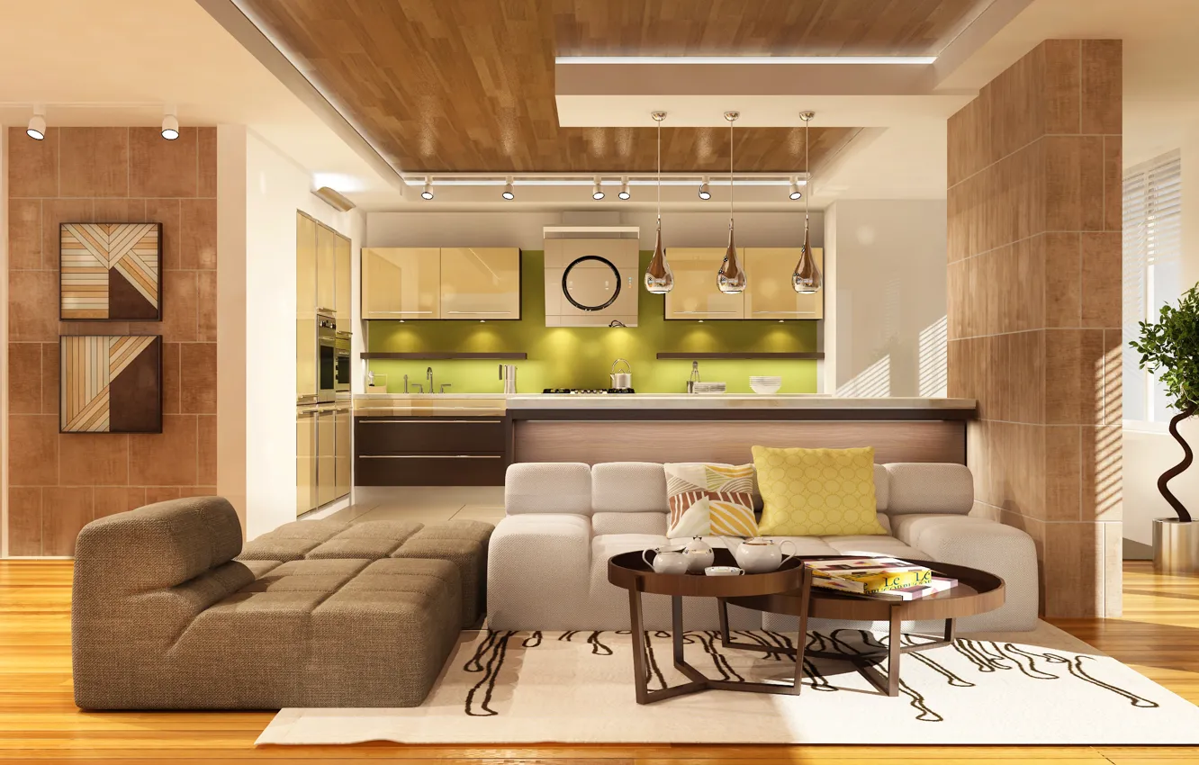 Фото обои дизайн, стол, диван, интерьер, кухня, design, гостиная, living room