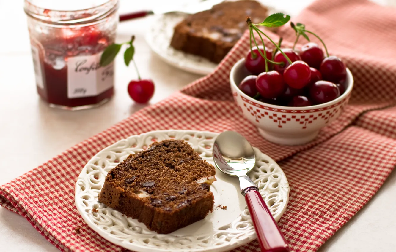 Фото обои вишня, ягоды, тарелка, пирог, ложка, черешня, выпечка, джем