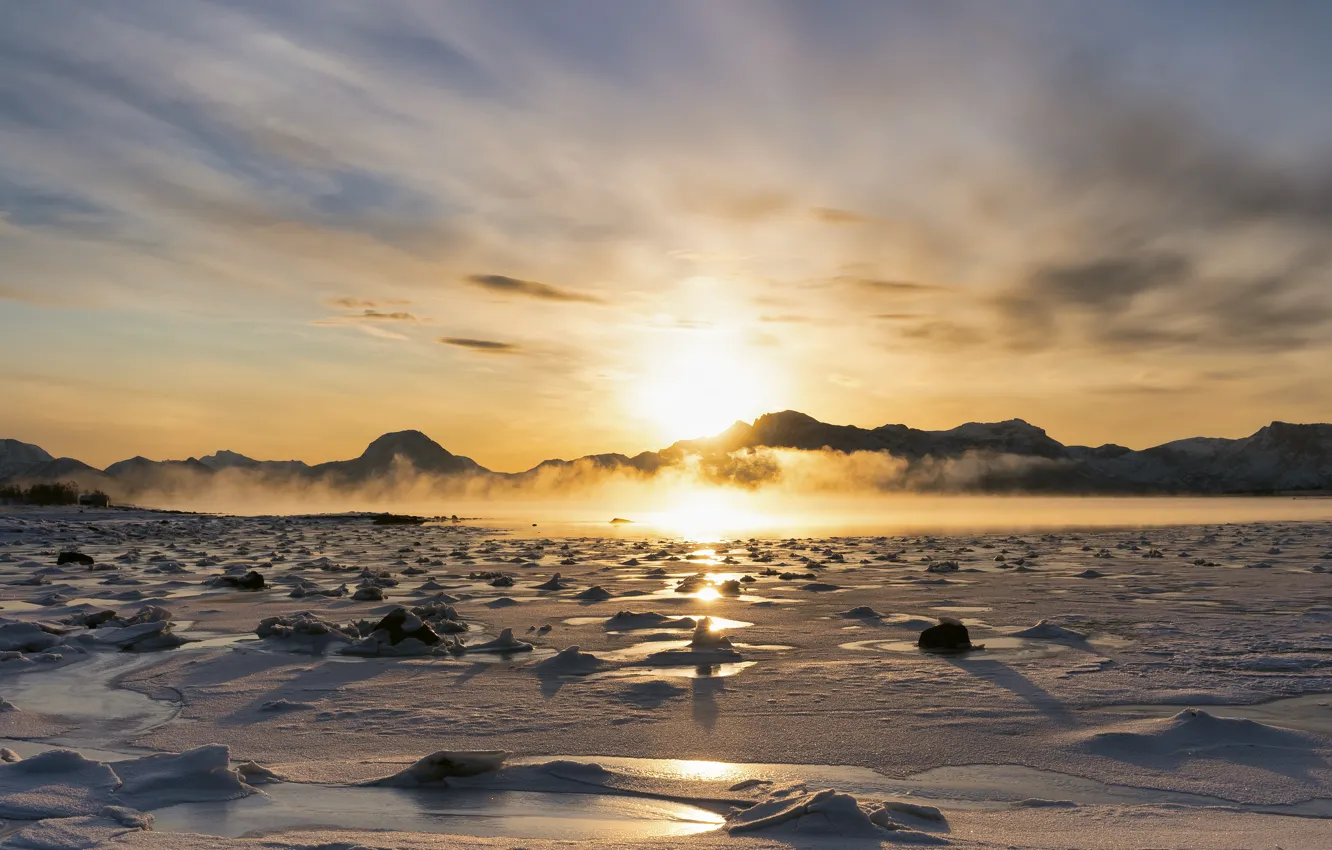 Фото обои горы, утро, Норвегия, frozen, Lofoten