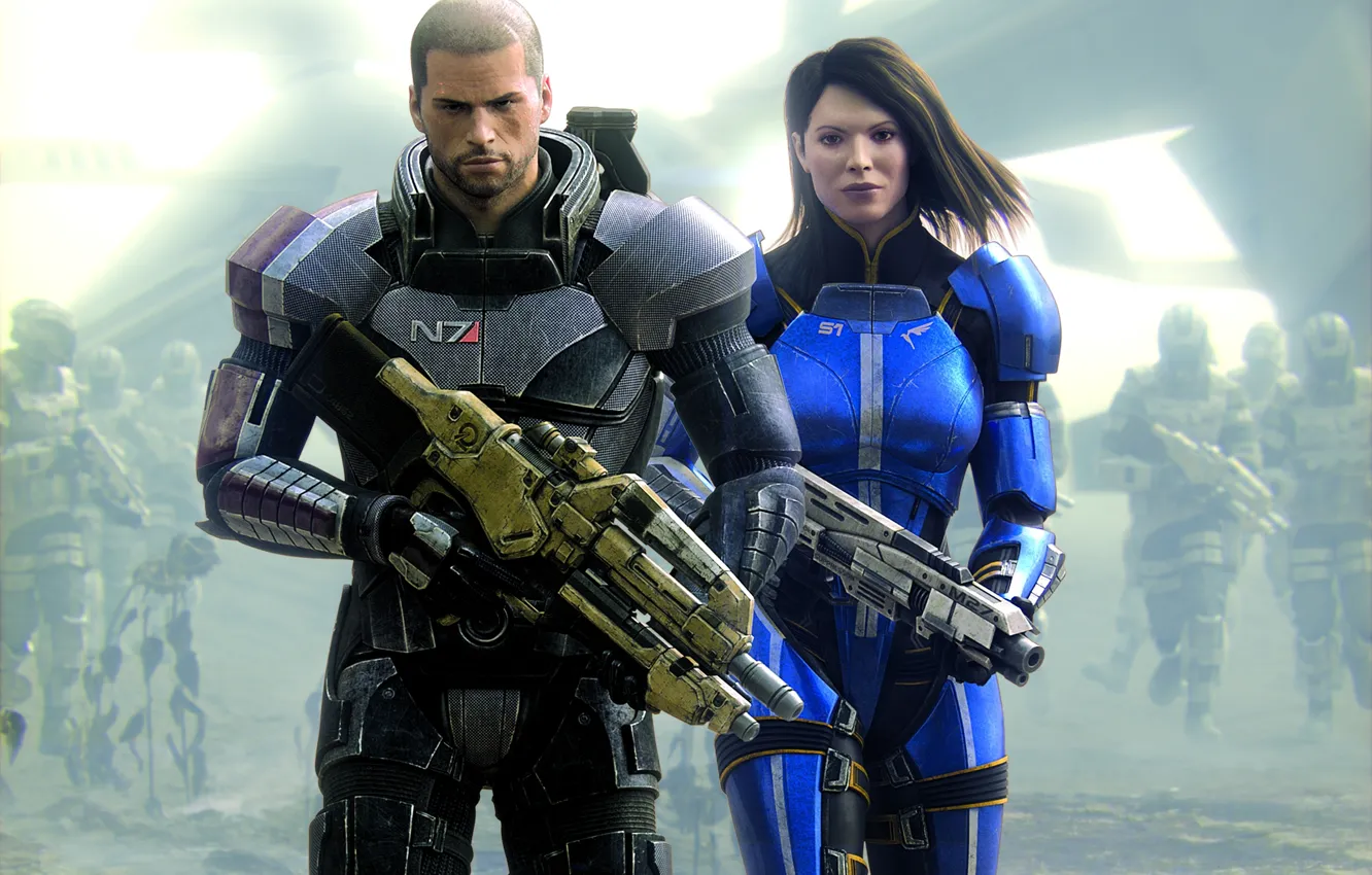 Фото обои оружие, война, солдаты, броня, дробовик, винтовка, Mass Effect, Спектр