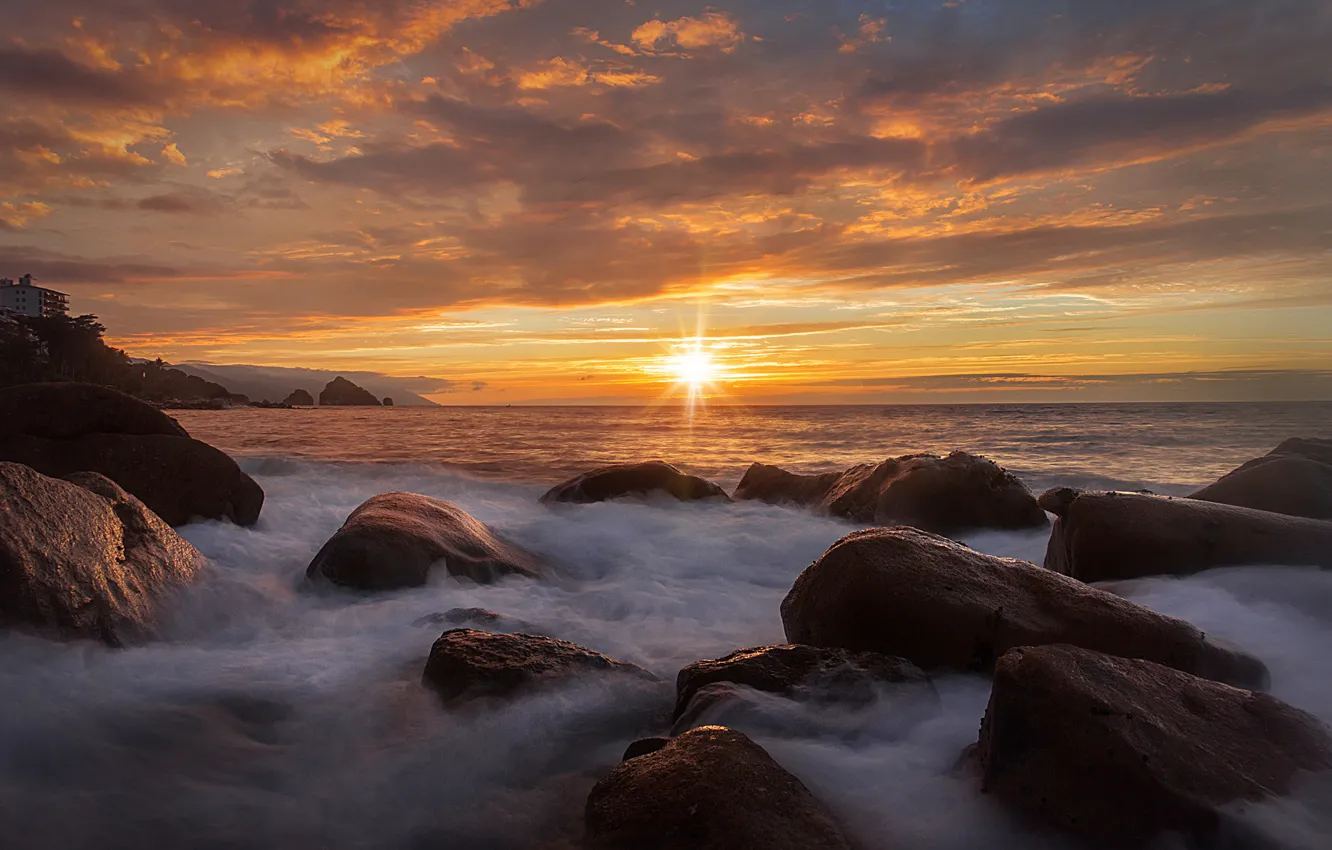 Фото обои море, солнце, камни, скалы, берег