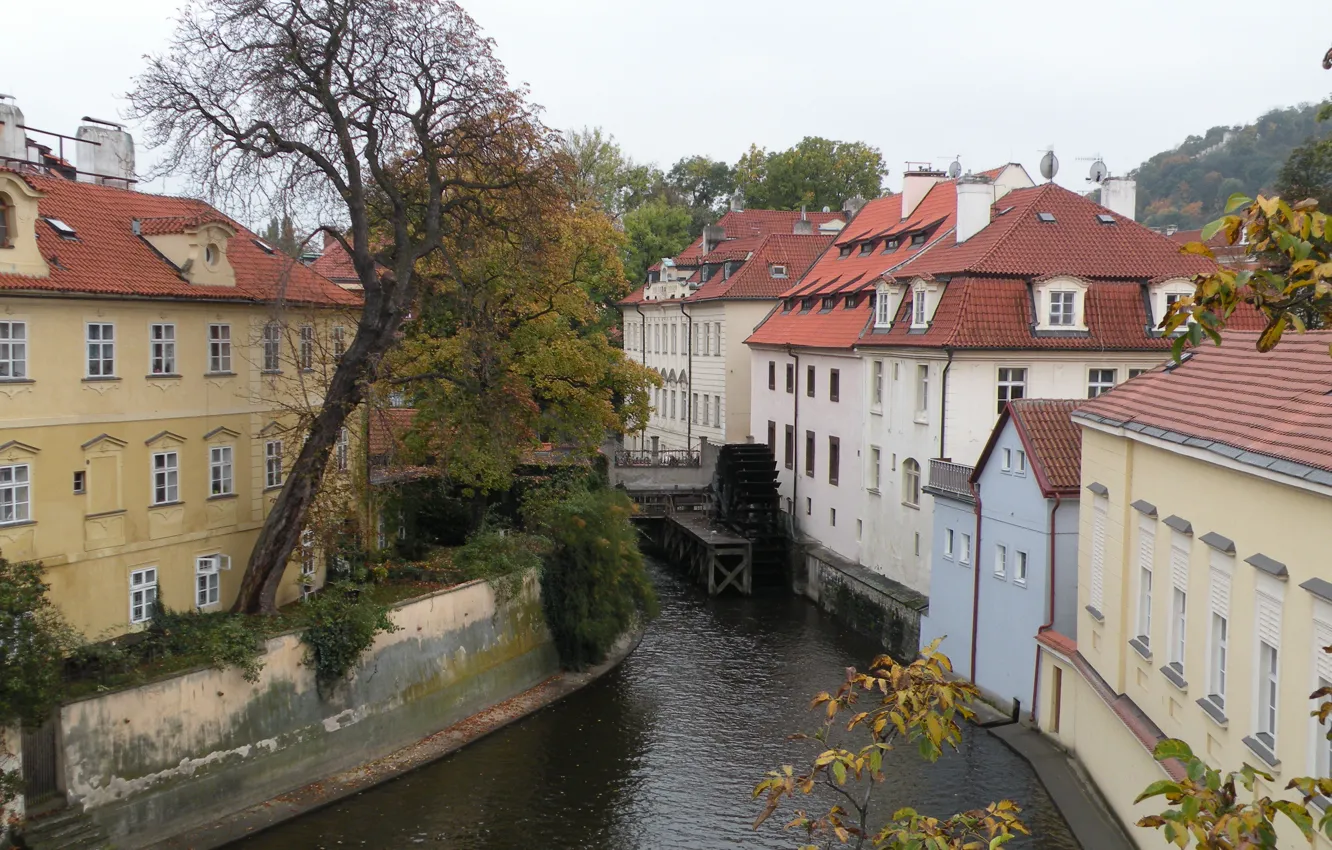 Фото обои осень, здания, Прага, Чехия, канал, autumn, Prague, canal