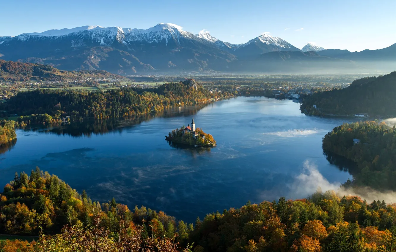 Фото обои осень, горы, остров, Словения, Юлийские Альпы, озеро Блед, церковь Вознесения Девы Марии, Крайна