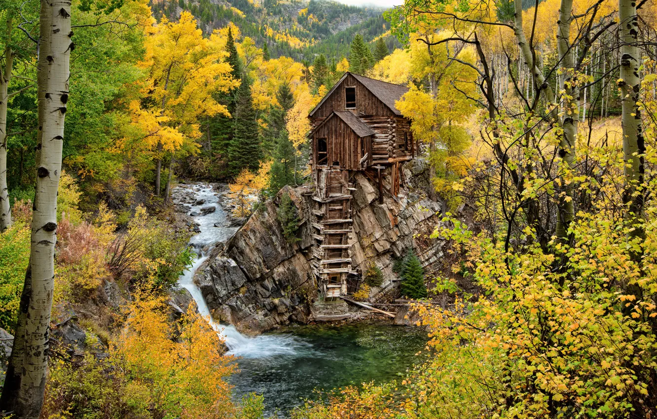 Фото обои осень, лес, деревья, река, водопад, Колорадо, водяная мельница, Colorado