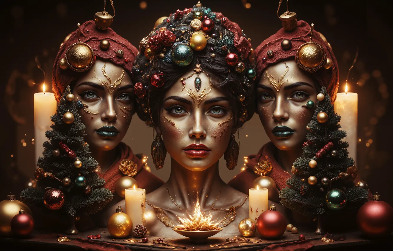 Фото обои взгляд, шарики, украшения, девушки, портрет, свечи, макияж, лица