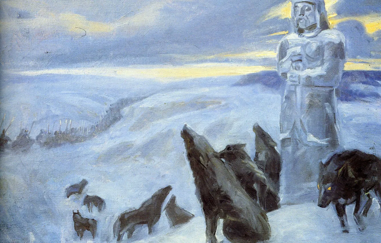 Фото обои зима, статуя, холодно, войско, Клименко Андрей, чёрные волки, Вещий вой