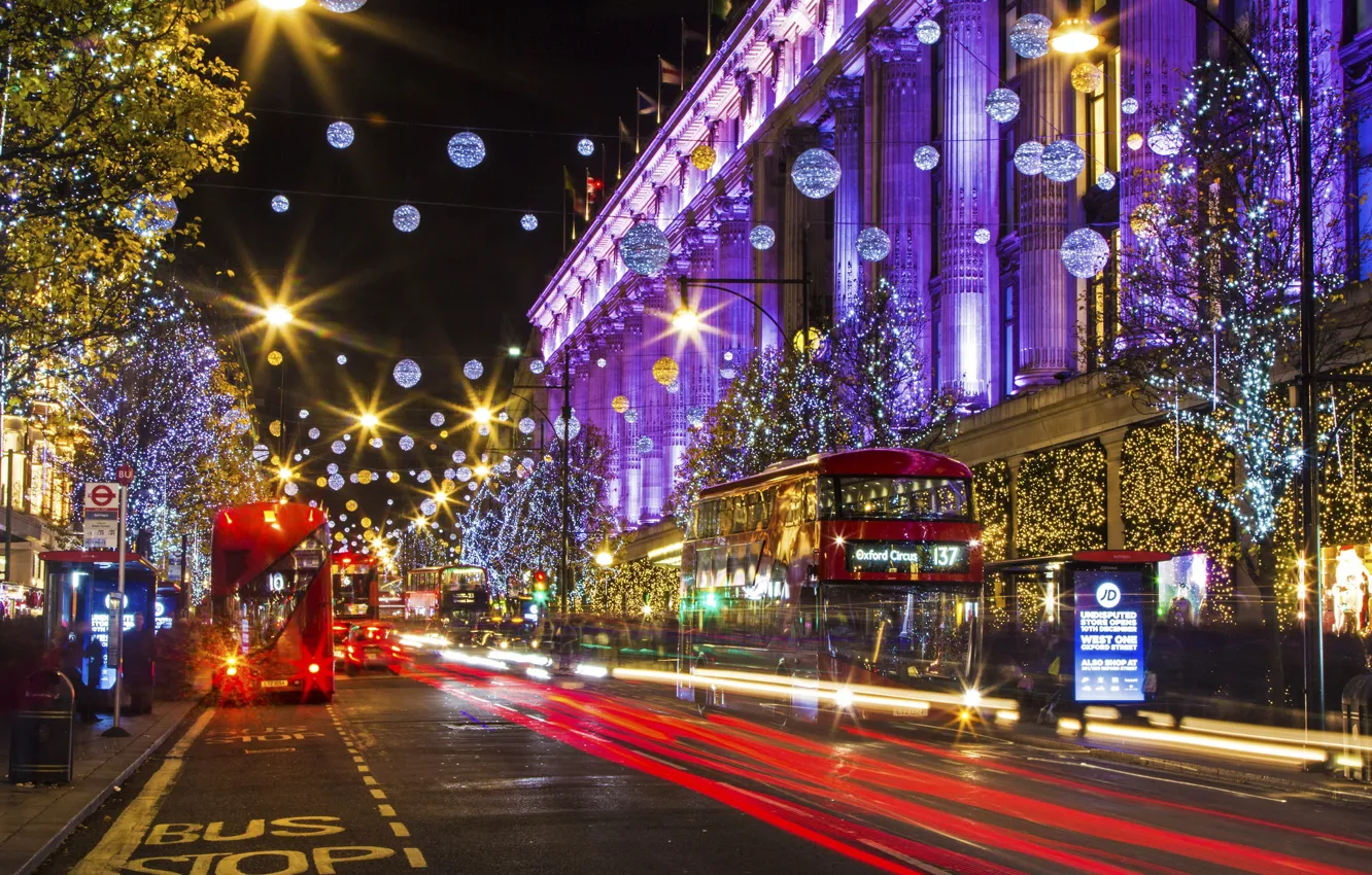 Фото обои огни, праздник, Англия, Лондон, дома, Новый Год, Рождество