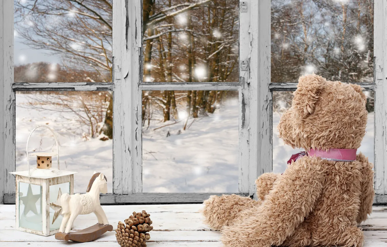 Фото обои зима, снег, украшения, Новый Год, окно, Рождество, мишка, Christmas