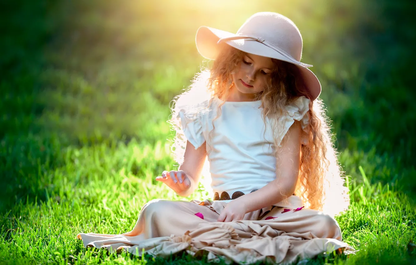 Фото обои солнце, девочка, шляпка, child photography, The beauty