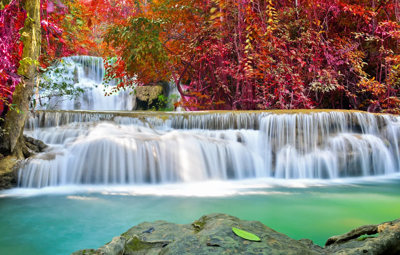 Фото обои river, water, autumn, waterfall, flow, emerald