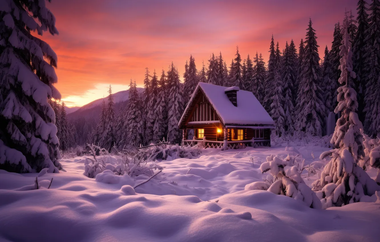 Фото обои зима, лес, снег, горы, ночь, природа, домик, house