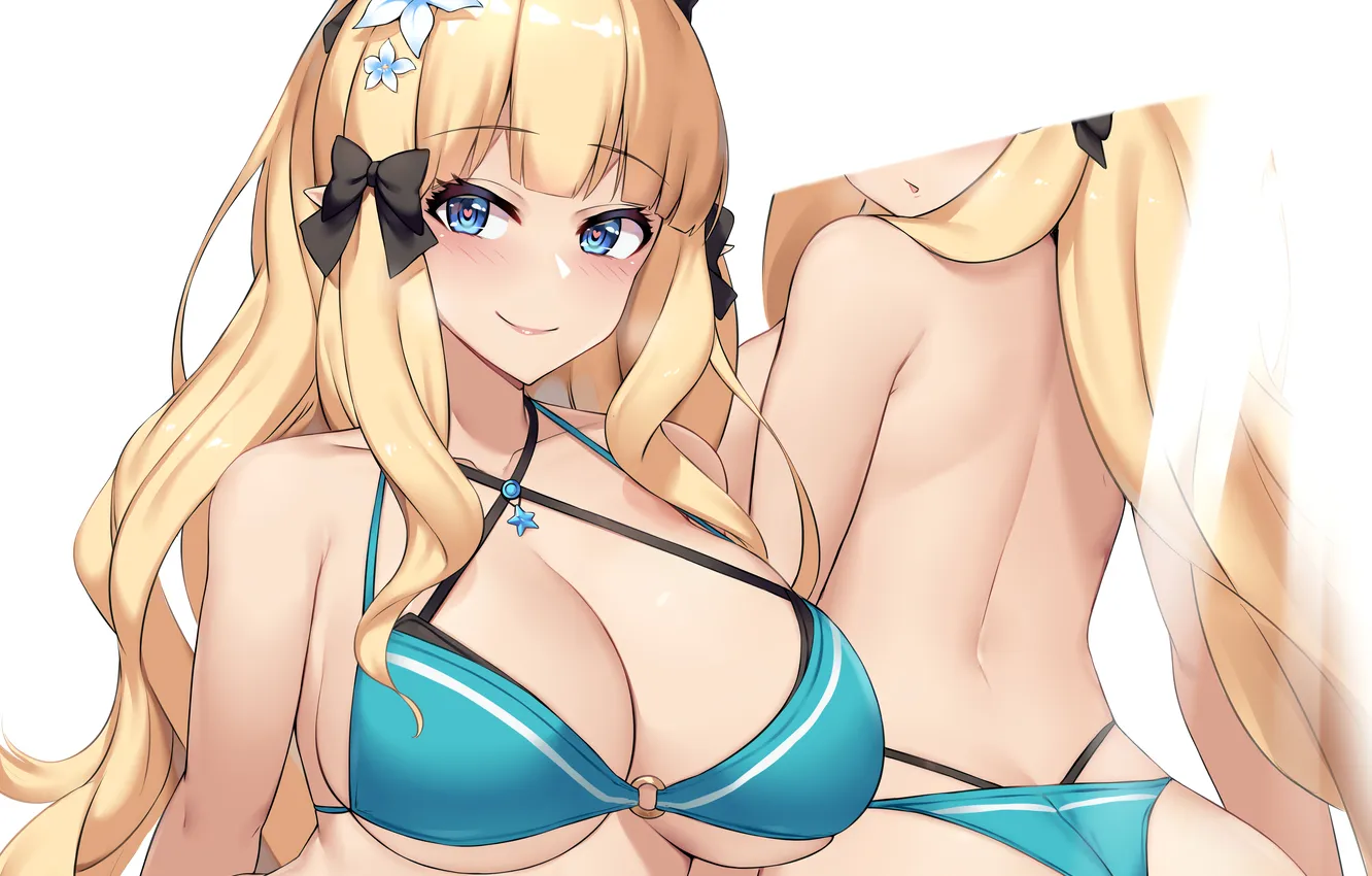 Фото обои girl, sexy, cleavage, long hair, boobs, anime, flowers, beautiful