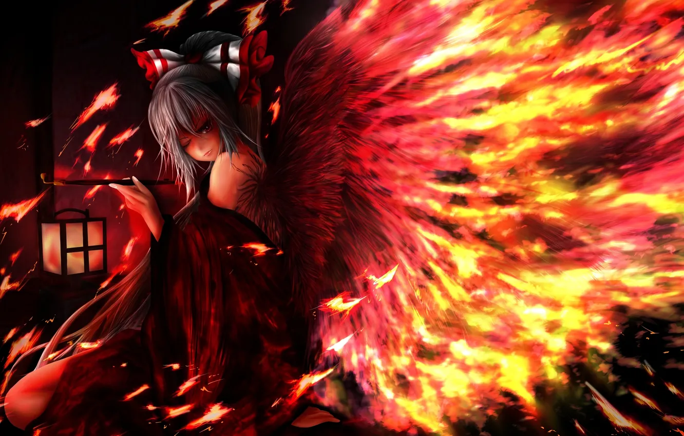 Фото обои девушка, огонь, крылья, трубка, арт, бант, touhou, fujiwara no mokou