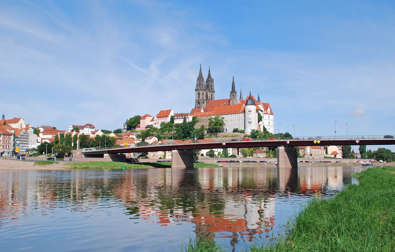 Фото обои небо, мост, река, замок, дома, Германия, Эльба, Саксония