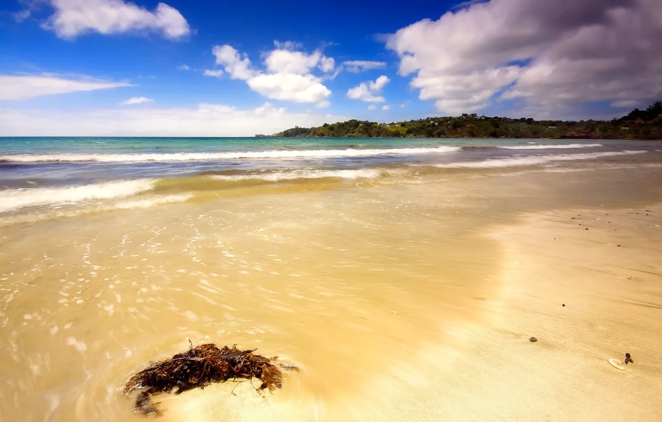 Фото обои песок, море, волны, пляж, облака, Берег