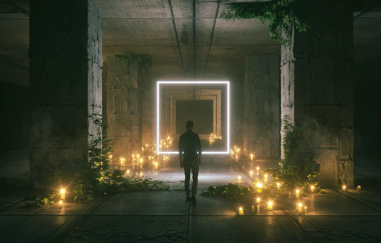 Фото обои свечи, портал, колонны, помещение, LAST LEVEL