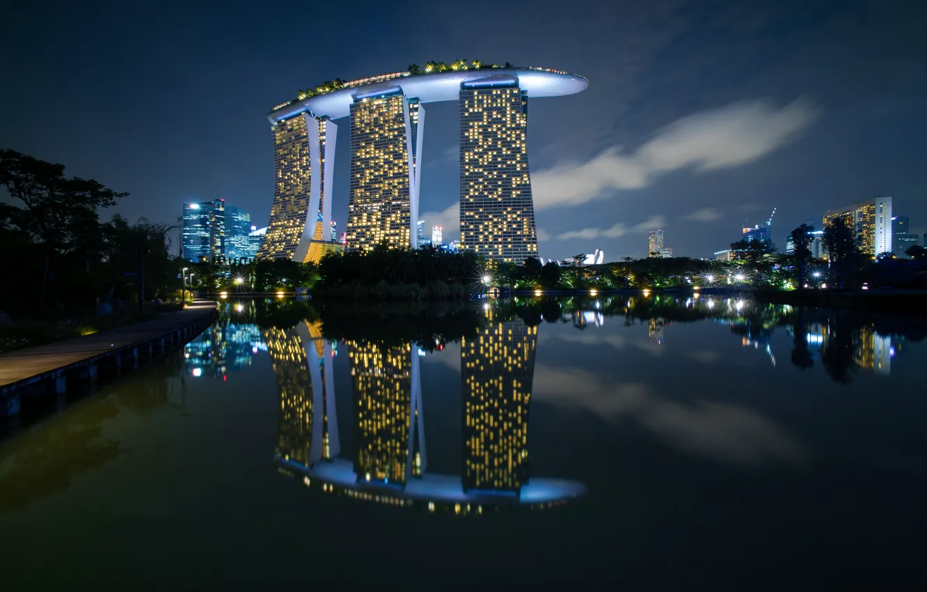 Фото обои ночь, огни, Сингапур, отель, Marina Bay