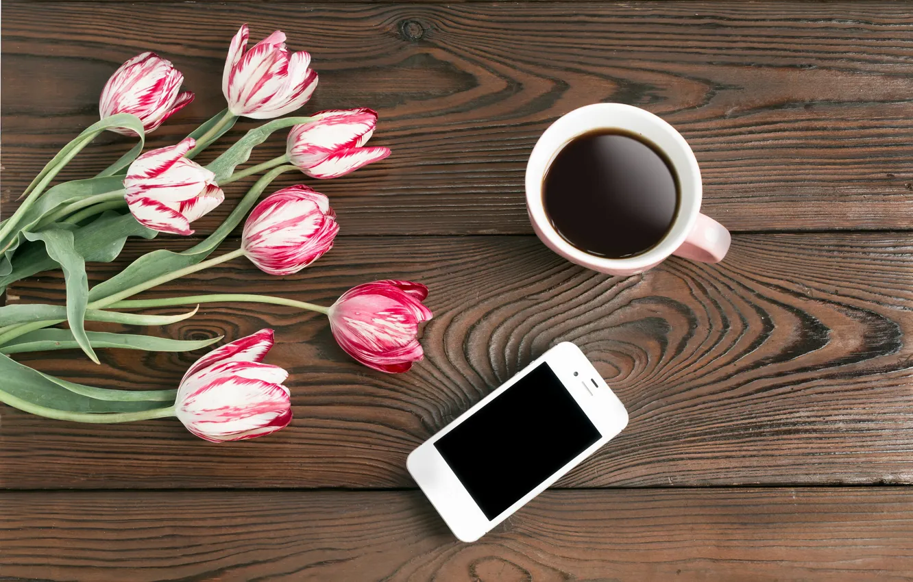 Фото обои цветы, кофе, тюльпаны, телефон