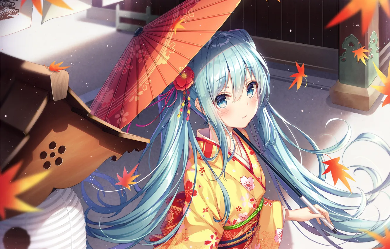 Фото обои зонт, девочка, Hatsune Miku, Vocaloid, Вокалоид, Хатсуне Мику