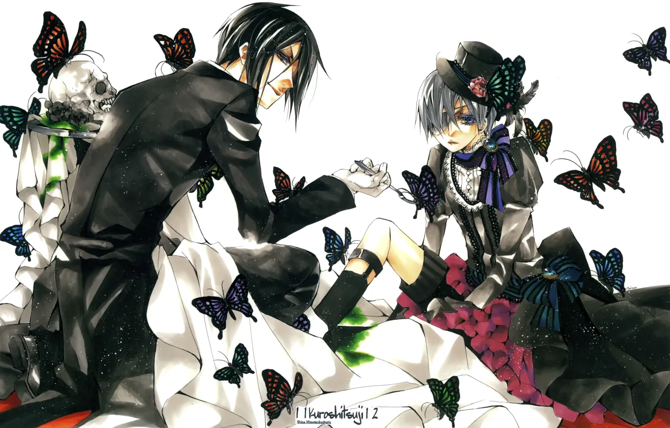 Фото обои бабочки, череп, костюм, art, Тёмный дворецкий, Kuroshitsuji, Sebastian Michaelis, Ciel Phantomhive