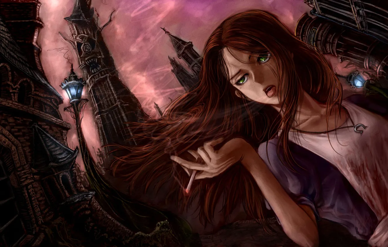 Фото обои девушка, город, дым, сигарета