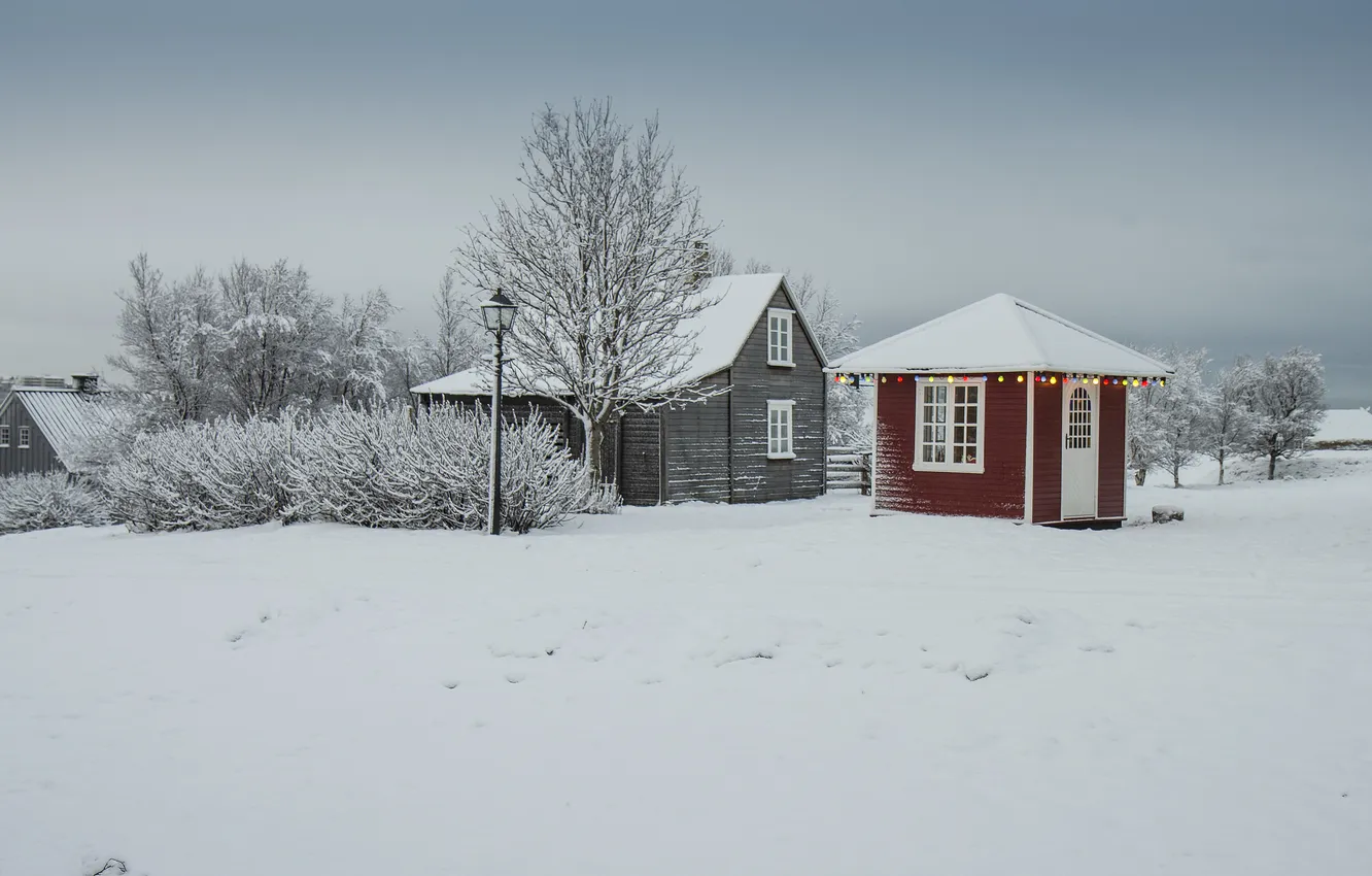 Фото обои зима, снег, деревья, город, дома, лампа должность