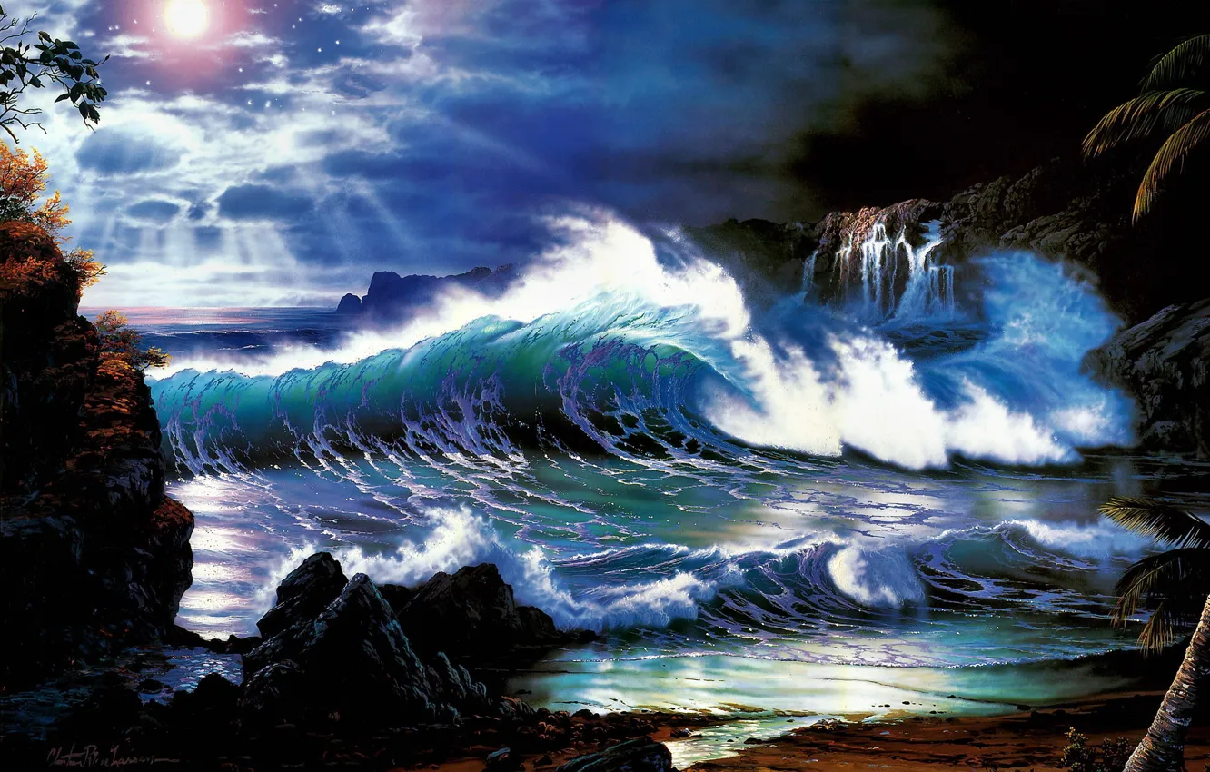 Фото обои fantasy, storm, beach, sea, water, clouds, palm tree, CHRISTIAN RIESE LASSEN