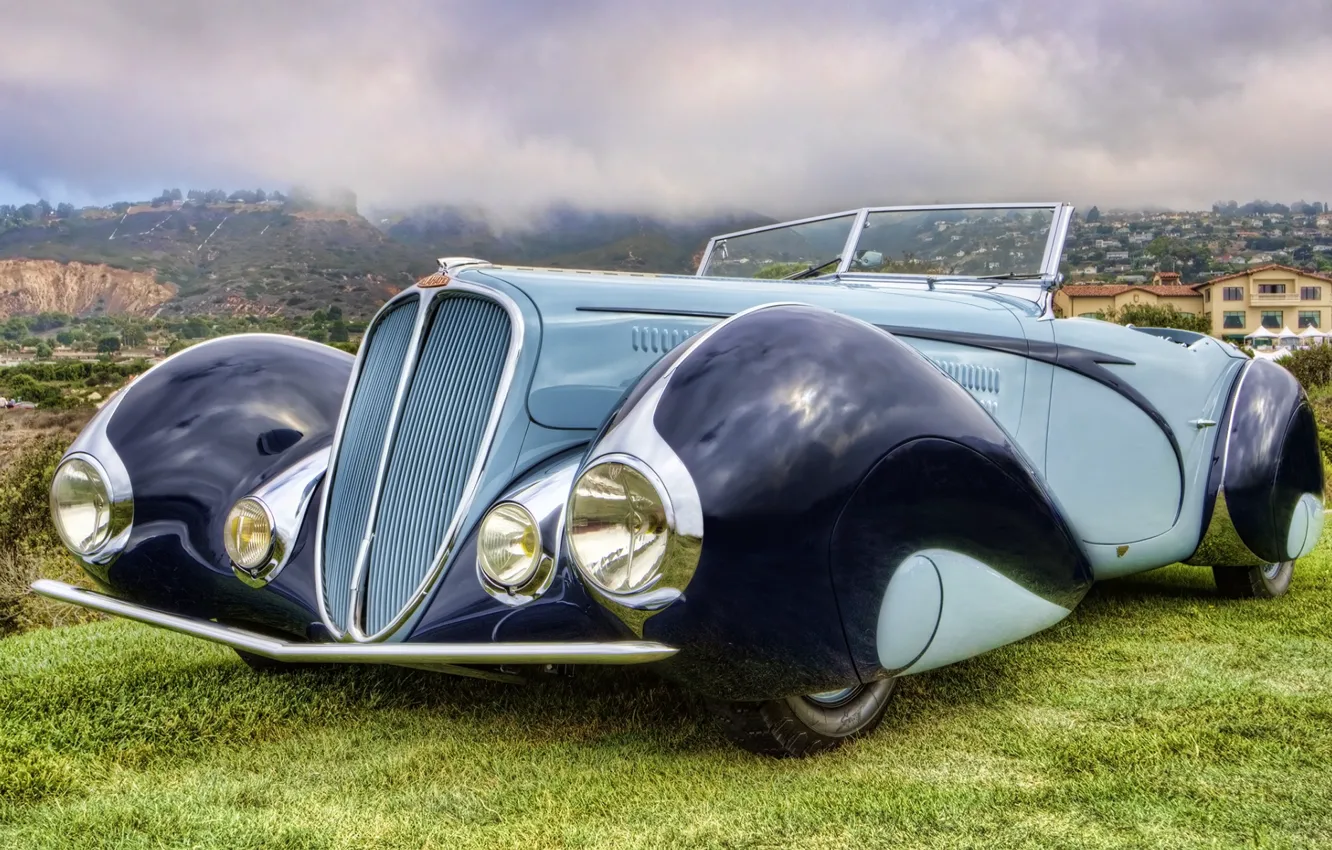 Фото обои небо, ретро, фон, Кабриолет, передок, Cabriolet, красивая машина, 1937