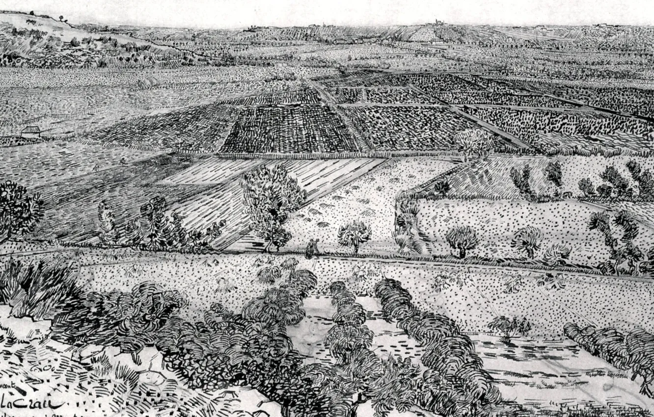 Фото обои поля, посевы, чёрно - белое, Винсент ван Гог, La Crau seen, from Montmajour