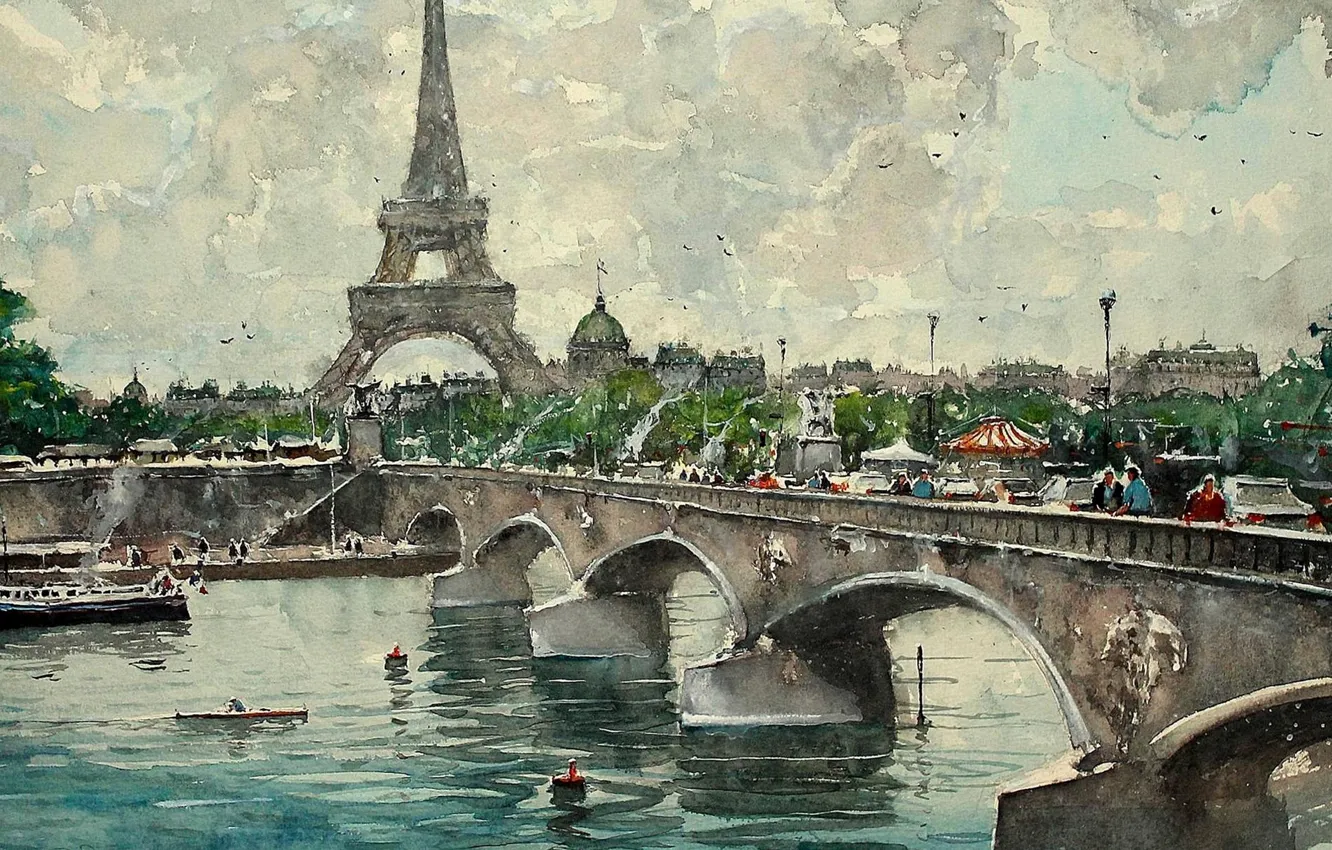 Фото обои мост, река, Париж, картина, акварель, Эйфелева башня, городской пейзаж, Максимилиан Дамико