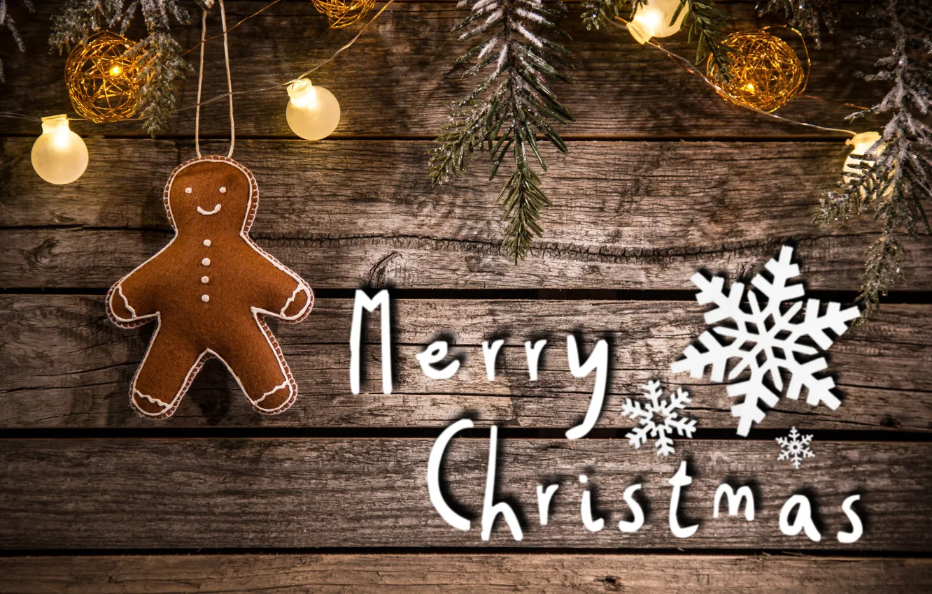 Фото обои доски, человечек, christmas, гирлянда, снежинка, merry christmas, decoration, gingerbread