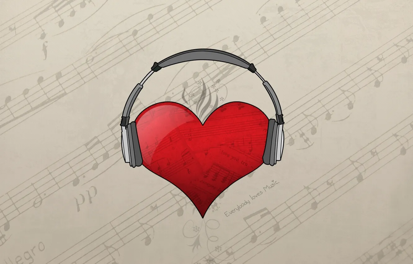 Фото обои ноты, сердце, наушники, loves music